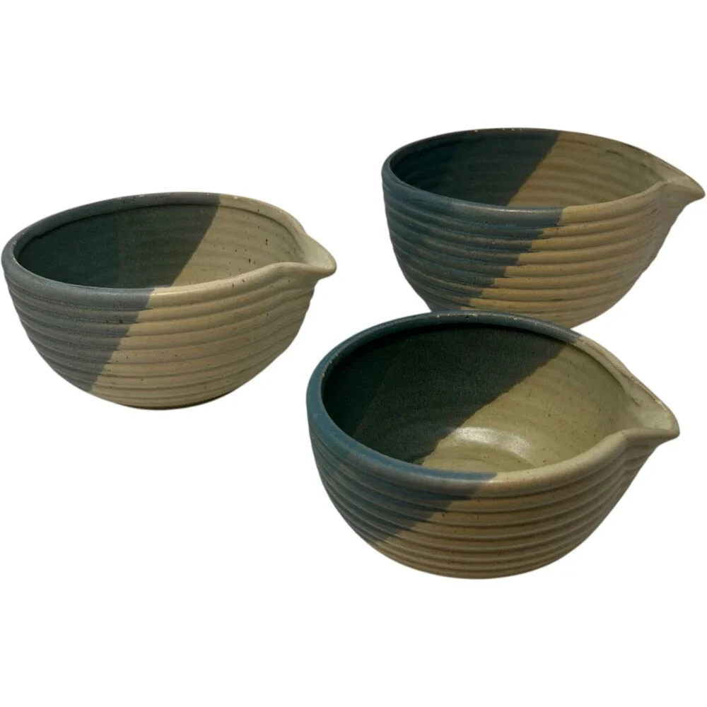 Nantucket Home Ceramic Mixing Bowls Set Blue Beige Two Tone Ribbed Farmhouse Kit